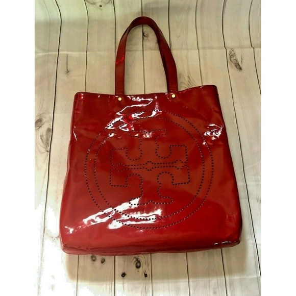 Tory Burch Handbags - Tory Burch Large Red Patent Leather Tote Bag Logo